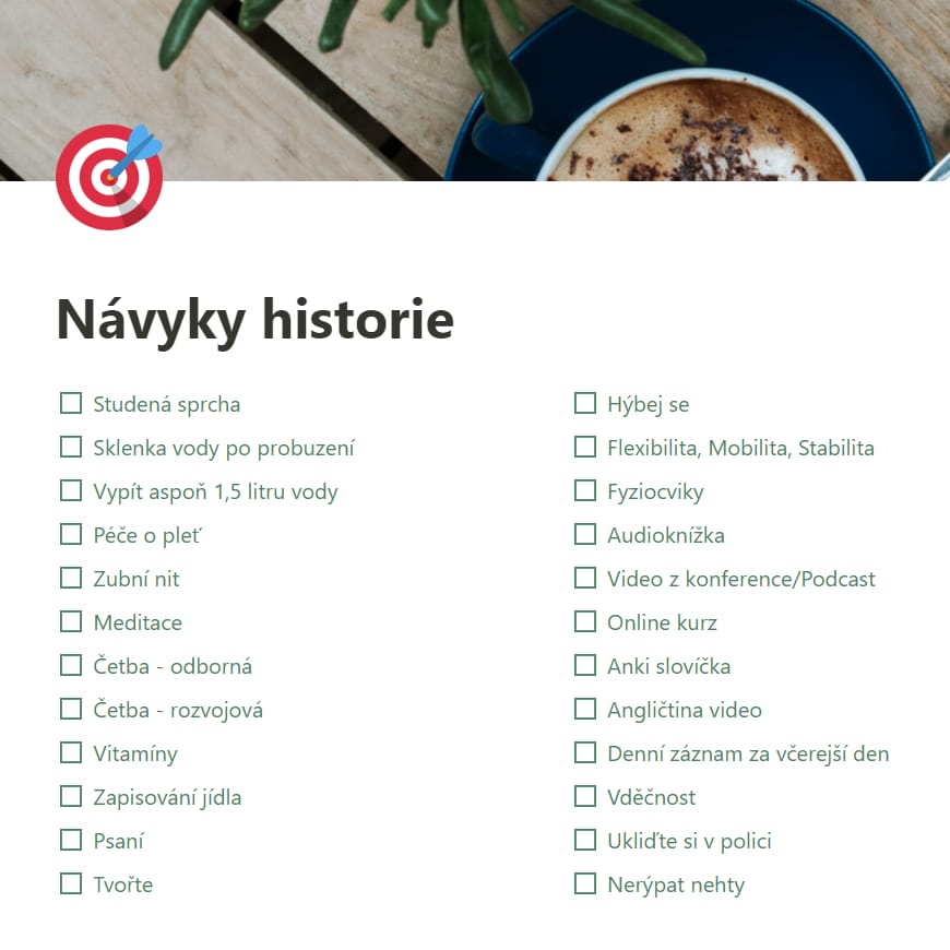 Screenshot z Notion, kde je seznam všech návyků, které jsem do té doby kdy provozovala.
