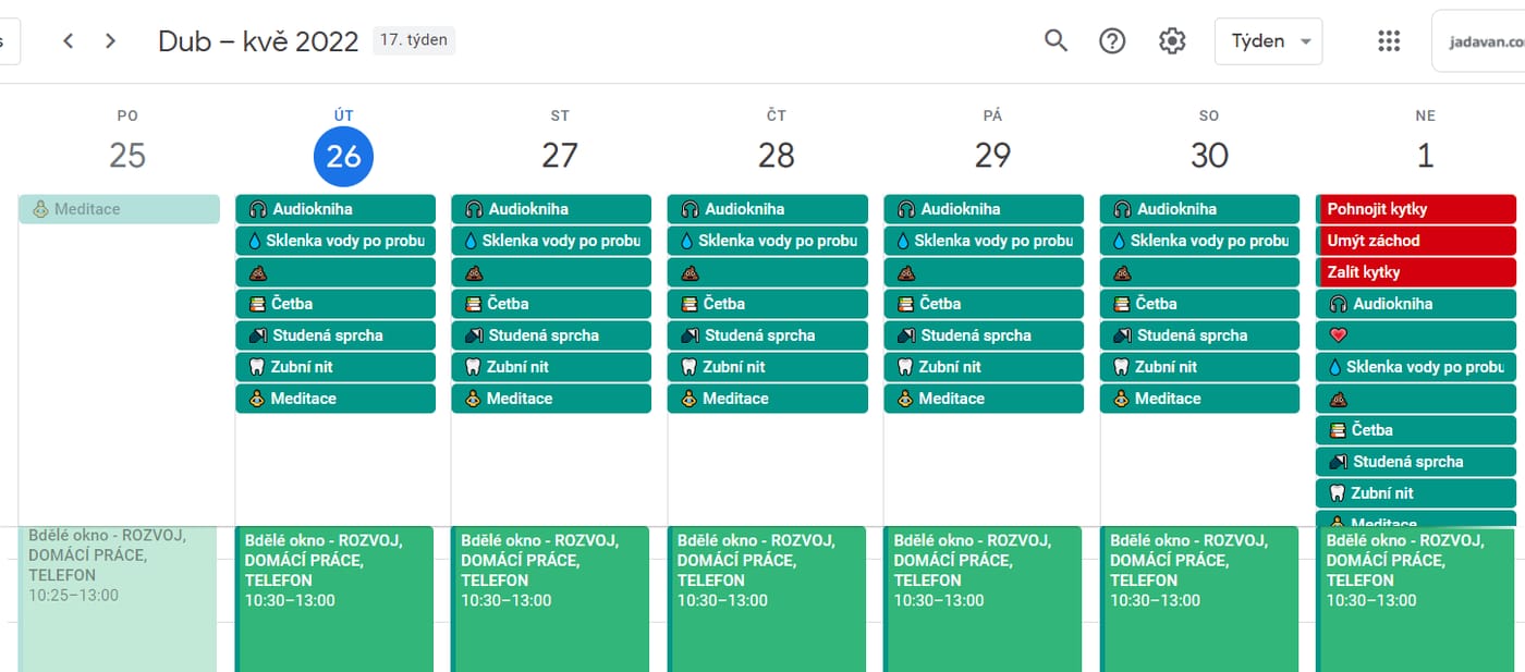 Screenshot mého Google kalendáře, ve kterém si aktuálně trackuju své návyky a jejich plnění.