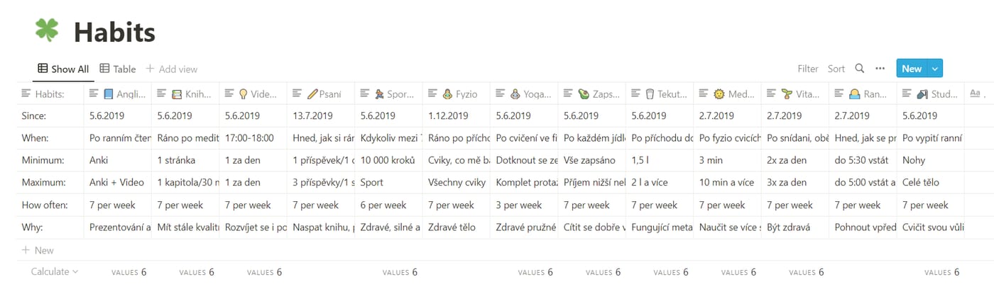 Screenshot z Notion tabulky, ve které mám podrobné info ke každému z návyků, které jsem v té době dělala. 